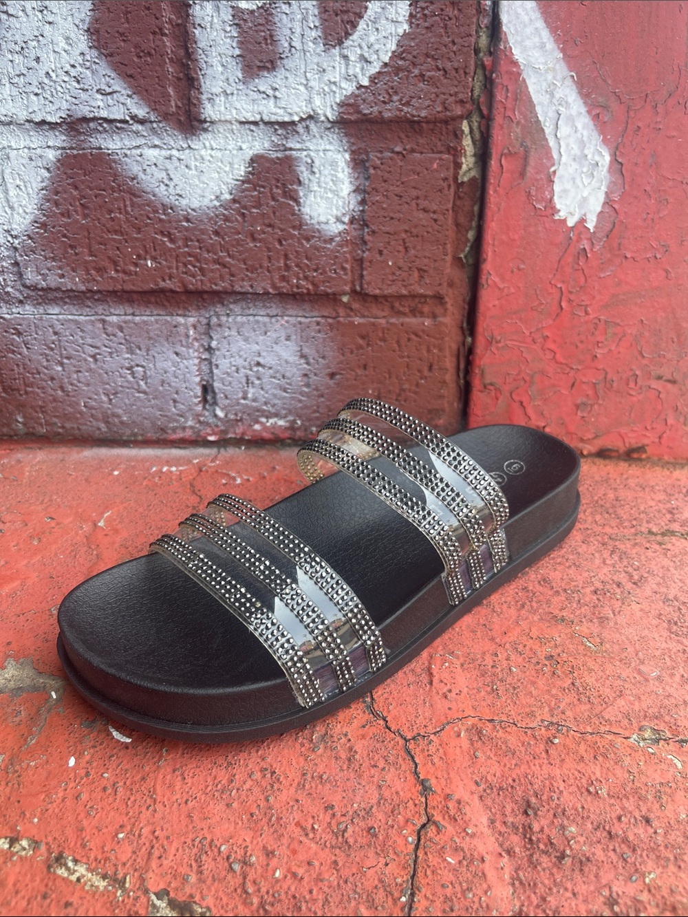 Black Slide Sandal with Metallic Studded Straps